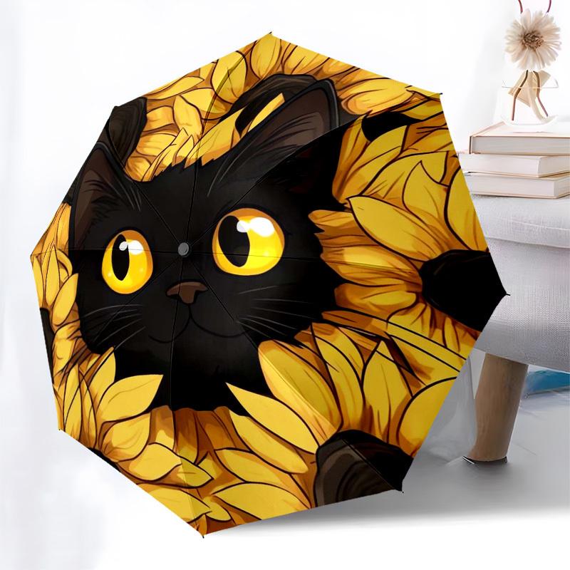 1pc Black Cat with Sunflowers Umbrella with Plastic Handle,Suitable for All Seasons Home Travel Outdoor UmbrellaB1890