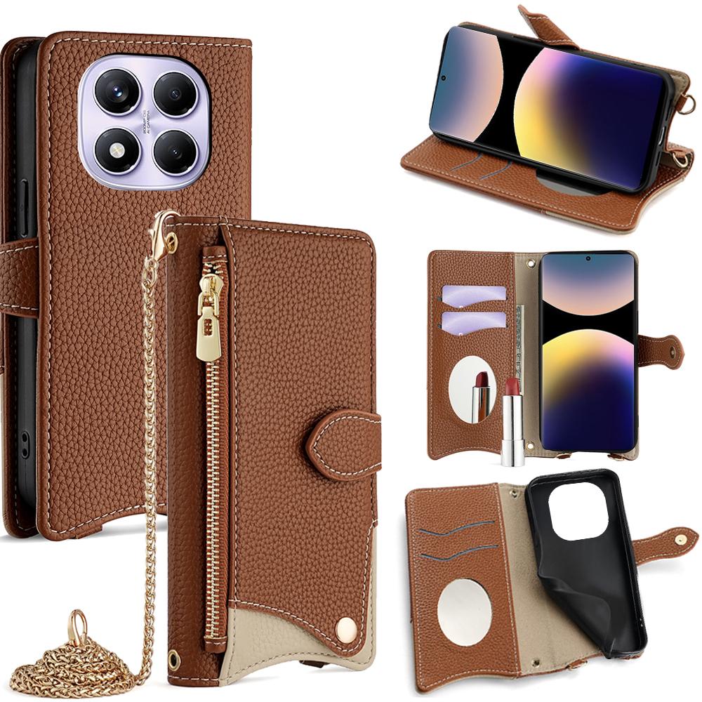 

For Xiaomi Redmi Note 14 Pro 4G Wallet Case Fishtail Design Leather Phone Cover with Mirror/Stand/Strap Brown