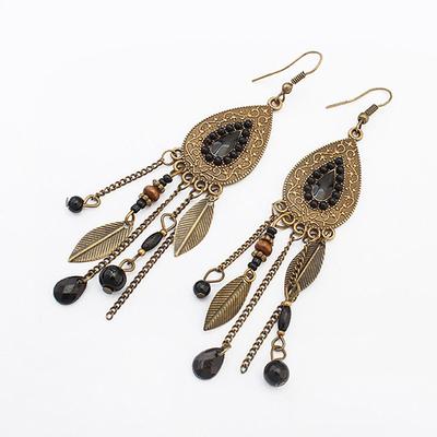 Stylish, Retro Water Drop Gemstone Leaf Chain Fringed Earrings, Leaf Fringed Earrings