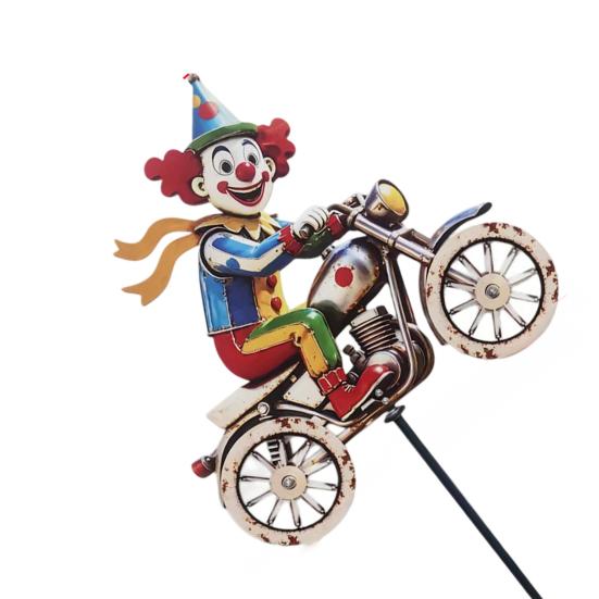 Spinning Clown Motorcycle Wind Spinner, Rotating Wheels Metal Kinetic Yard Art with Stake, Weatherproof Windmill Sculpture for Outdoor Lawn Patio