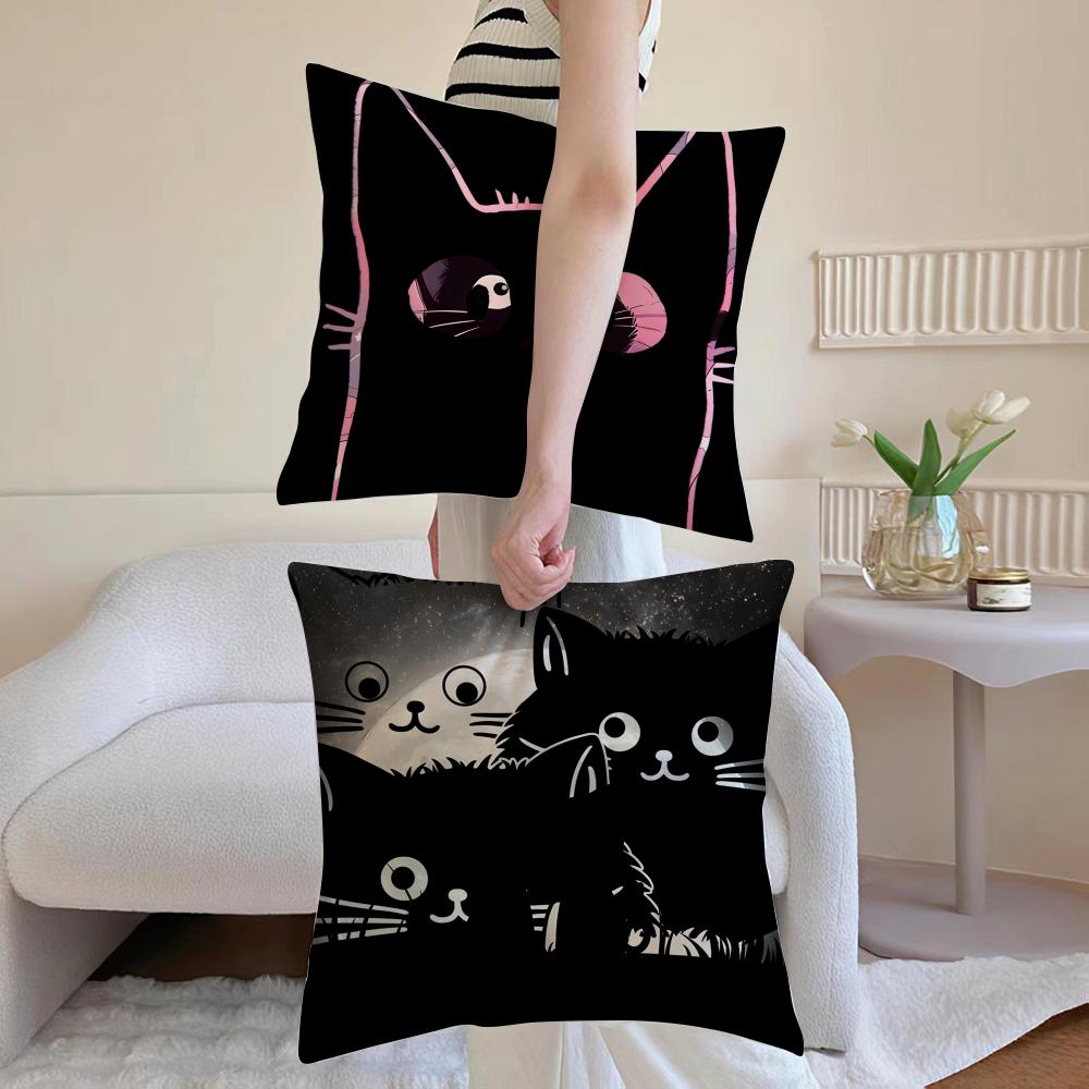 New Little Black Cat Cute Couple Cushion Cover Anti-dustmite Pillowcase Invisible Zipper Silky Short Plush Sofa Cushion Cover