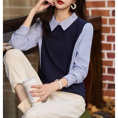 Listrado Pulôver Lanterna Manga Longa Suéter Malha Casual Patchwork Roupas Femininas Gola Virada Falso Duas Peças Tops
