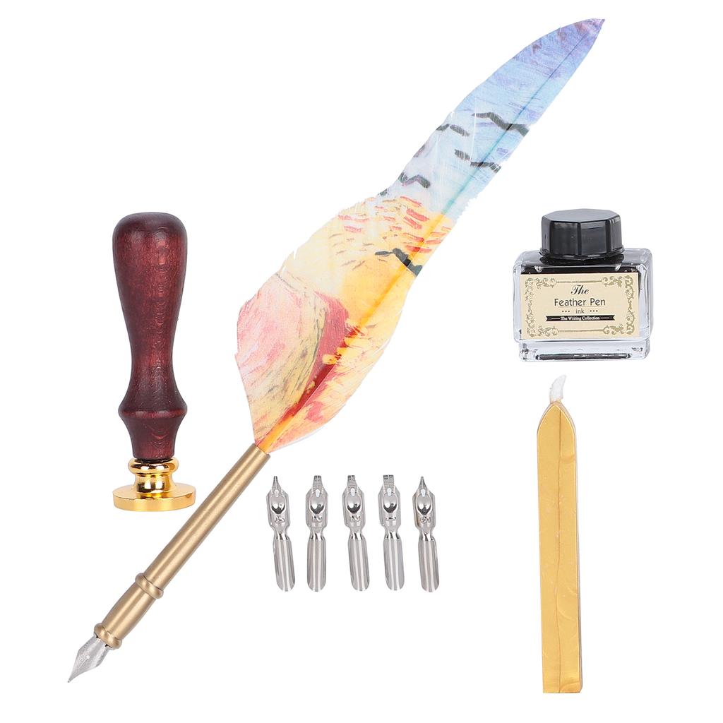 Feather Pen Dip Art Calligraphy Retro Vintage Quill Gift Box Kit with Lacquer Stamp Tool