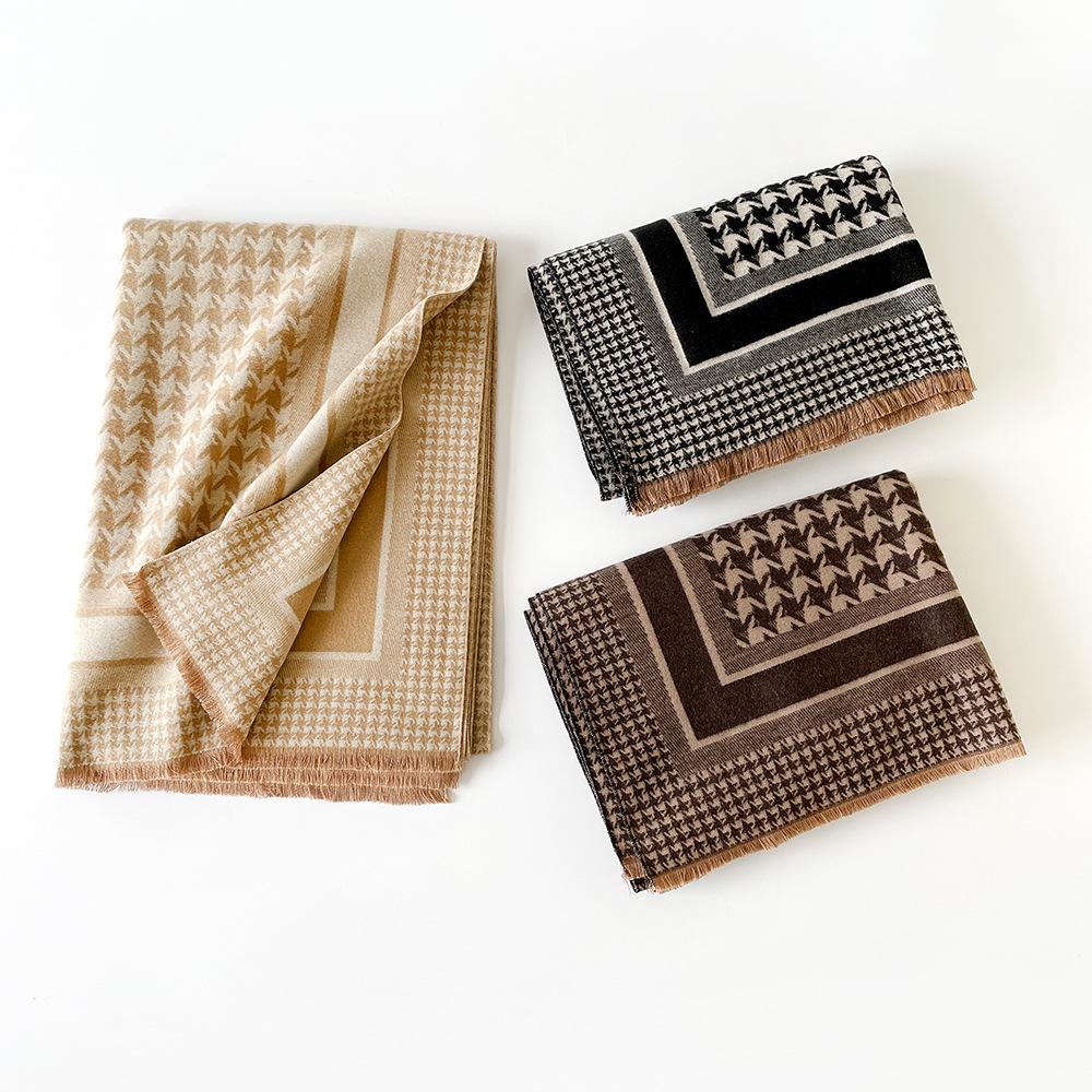 Autumn and winter warm scarf women's imitation cashmere double-sided thousand bird grid temperament versatile scarf long enlarged shawl