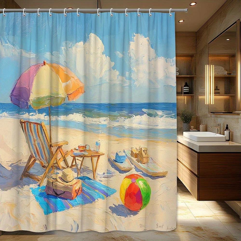 1pc Vibrant Beach Chair & Umbrella Shower Curtain - Summer Coastal Scene with Sandcastles, Striped Towels & Ocean Waves, Polyest W90xH180cm