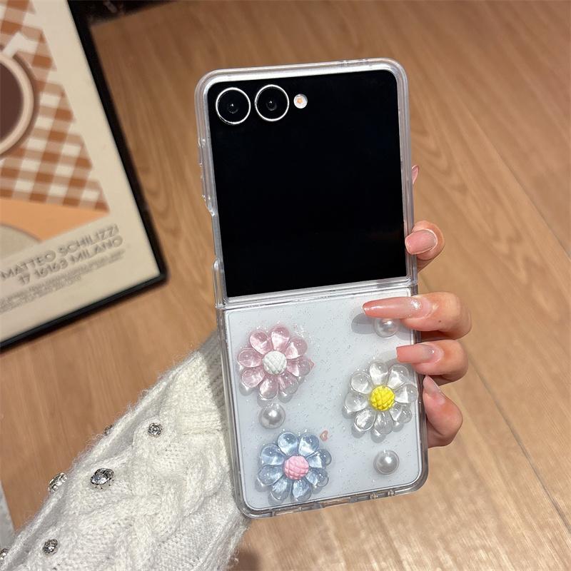 3D Daisy Flower Glitter Clear Case For Samsung Galaxy Z Fold 7 6 5 4 Cute Floral Pearl Shockproof Cover With Pink Beads Wrist St