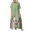 Women Vintage Fake Two Piece Dress Floral Print Short Sleeve  Long Dress