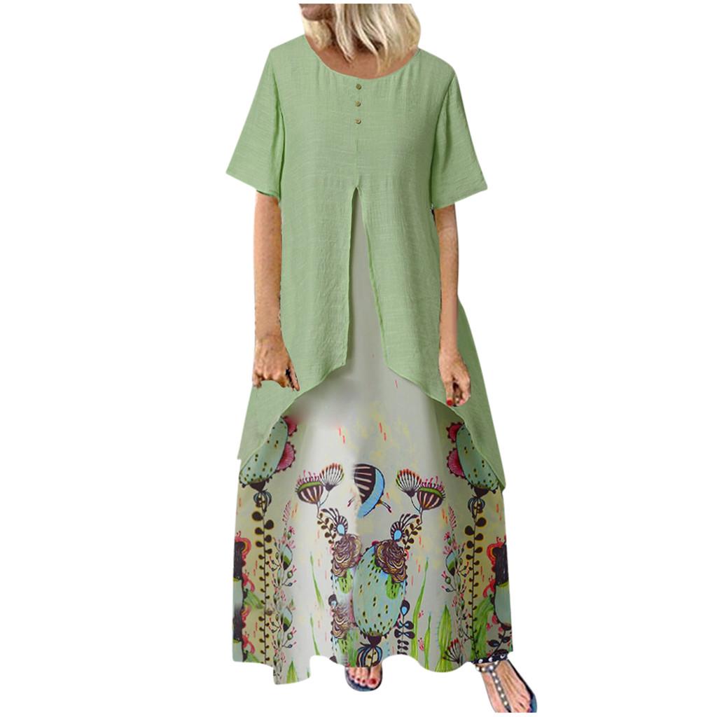 Women Vintage Fake Two Piece Dress Floral Print Short Sleeve  Long Dress