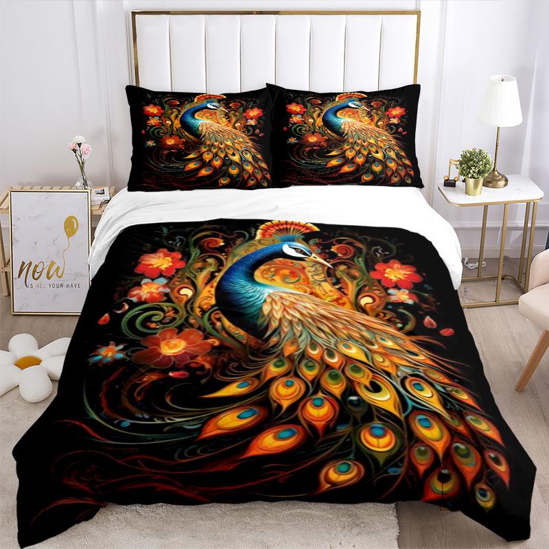 3pcs Peacock, Floral Duvet Cover Set -Includes 1 Duvet Cover and 2 Pillowcases, No Quilt Core, All-Season Home Decor  yy251111101