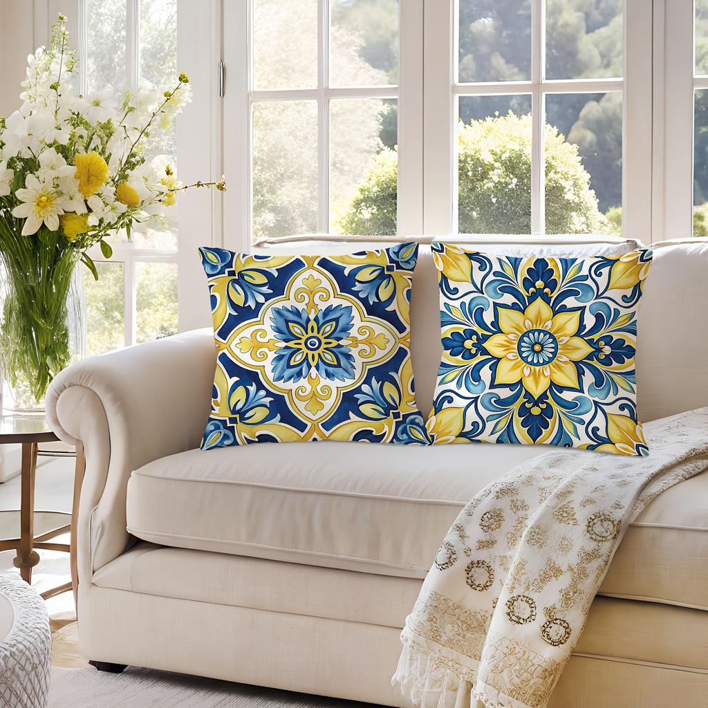 Bohemian Lemon Geometric Pillow Covers Blue Pattern Cushion Covers Zippered For Sofa Living Room Outdoor Home Decor Style