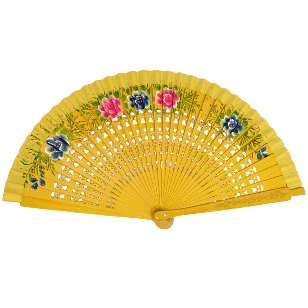 Women Vintage Spanish Folding Fan Double-Side Flower Painting Gypsy Wooden Hand Fan for Dance Festival Decoration