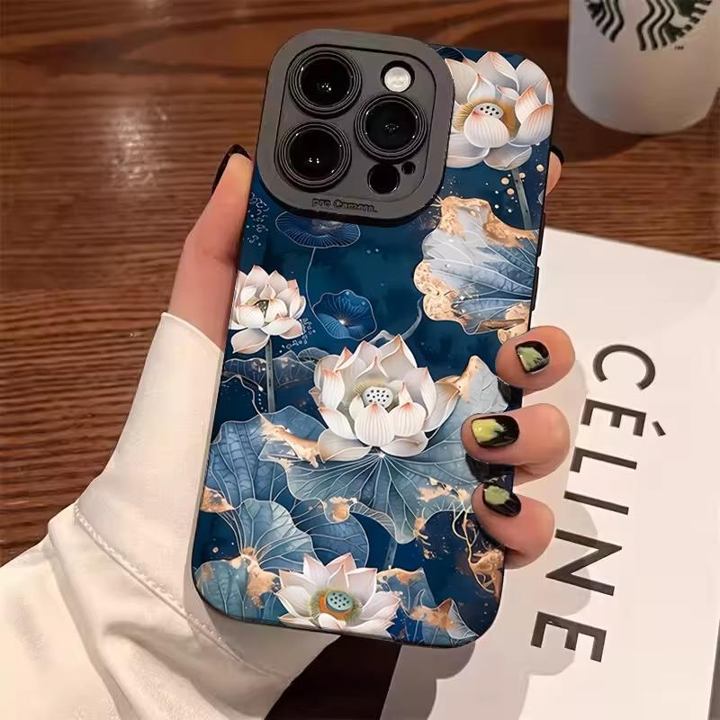 

Water Lily & Lotus Leaf Colorful Painted Phone Case for iPhone 16 Pro Max 15 14 13 12 11 Pro Mini XR XS X 7 8 Plus SE Soft Cover iPhone 14Pro Max