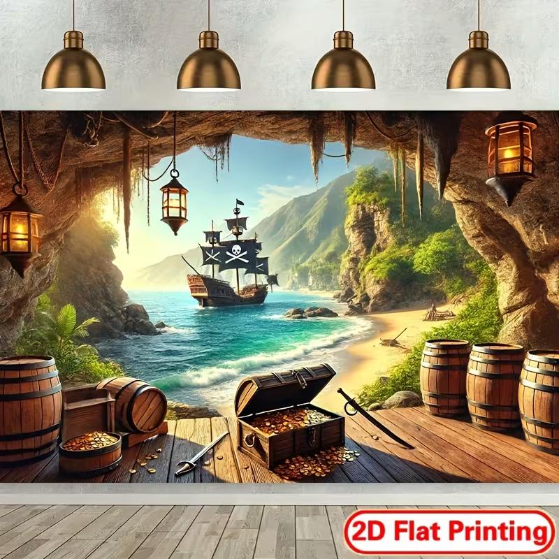 

2D Pirate Adventure Backdrop Treasure Island Photo Booth Background for Kids 47.2x31.5inch/120*80cm