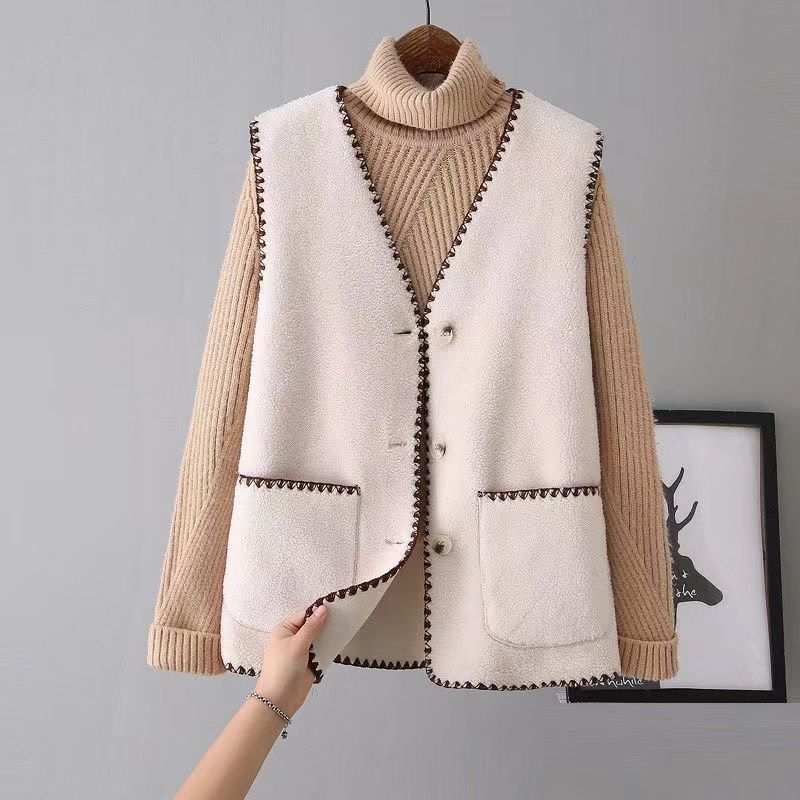 Vests New Spring Autumn Women Button Waistcoat Lamb Hair Winter Thermal Warm Thick Fleece Vests Sleeveless Jacket Ladies Coats