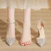 Fashion Women's Block Heel Sandals Summer New Pointed Toe Shallow Slip Rhinestone Square Buckle Strap Bag Heel Pump