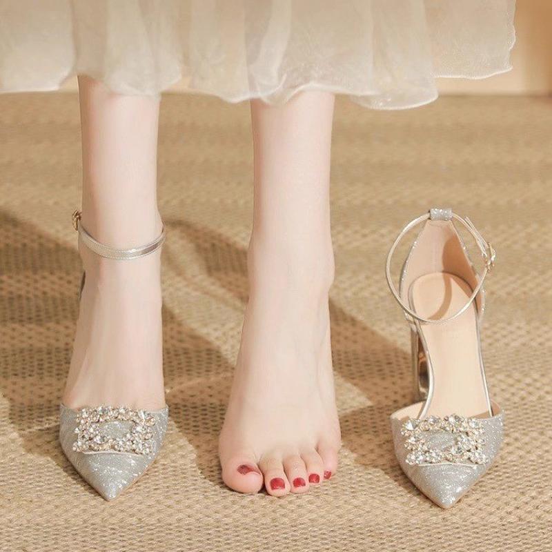 Fashion Women's Block Heel Sandals Summer New Pointed Toe Shallow Slip Rhinestone Square Buckle Strap Bag Heel Pump