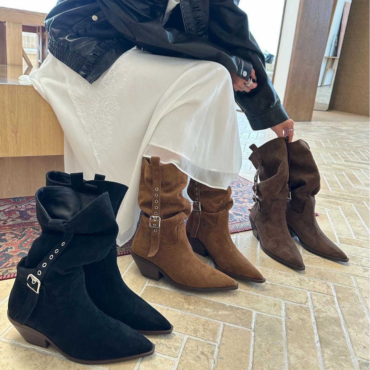 

Inner heightening trouser boots British style belt buckle wrinkled boots brown spice style boots thick heel fashion 39 верблюд