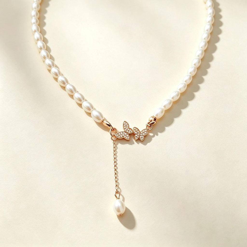 Dreamy Butterfly Tassel Imitation Pearl Necklace for Women, Everyday Collarbone Chain Fashion New Style Woolen Necklace Accessory