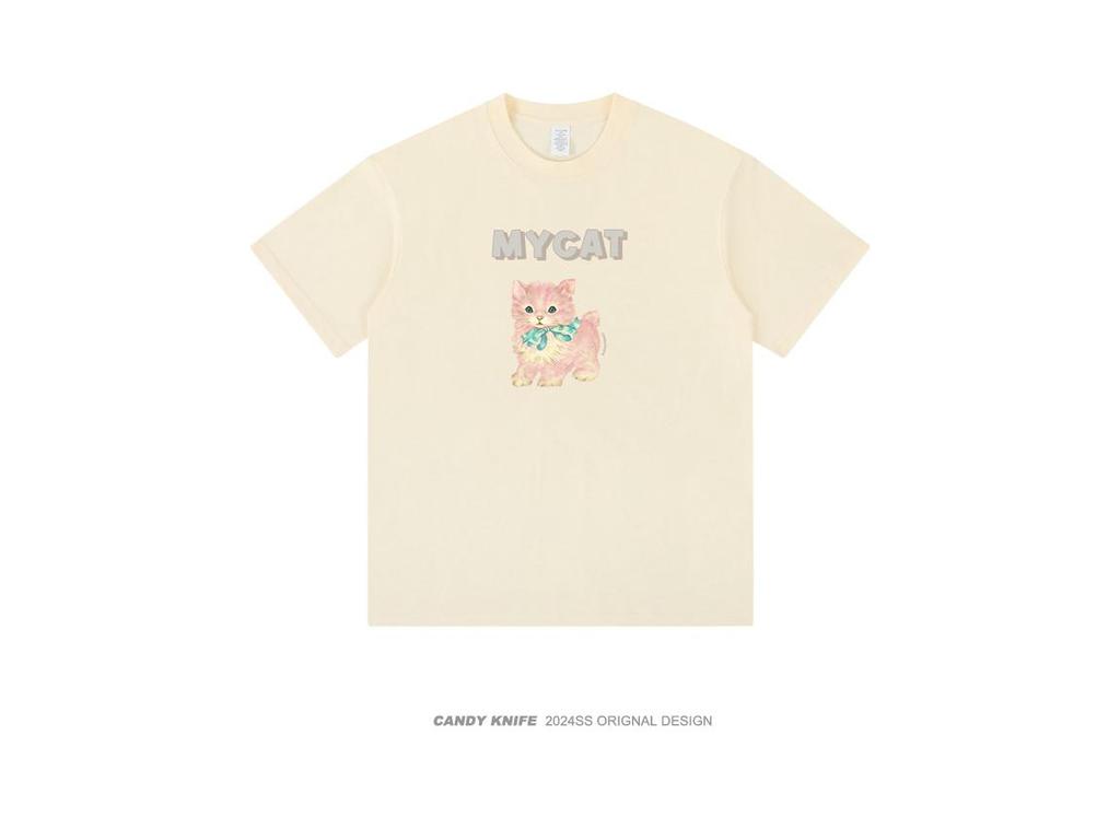 Pearl Pink Kitten Print Loose Round Neck Women's Short Sleeve T-Shirt