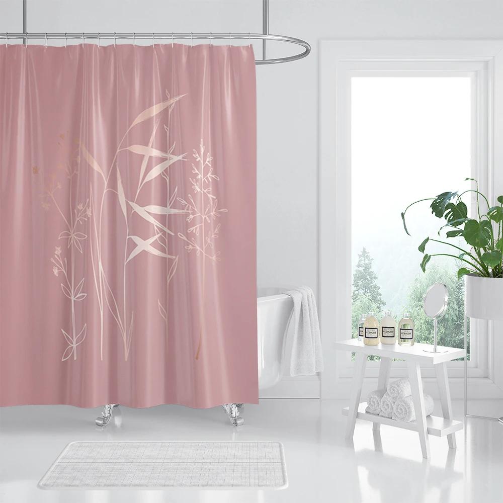 Rose Gold Shower Curtain Pink Gold Tropical Leaves Modern Luxury Bathroom Shower Curtains Fabric Bath Curtain Set with Hooks