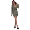 Europe, America, Amazon Cross-border Women's Clothing New Solid Color Long-sleeved V-neck Button Top, Hip-wrapped Short Skirt Casual Suit