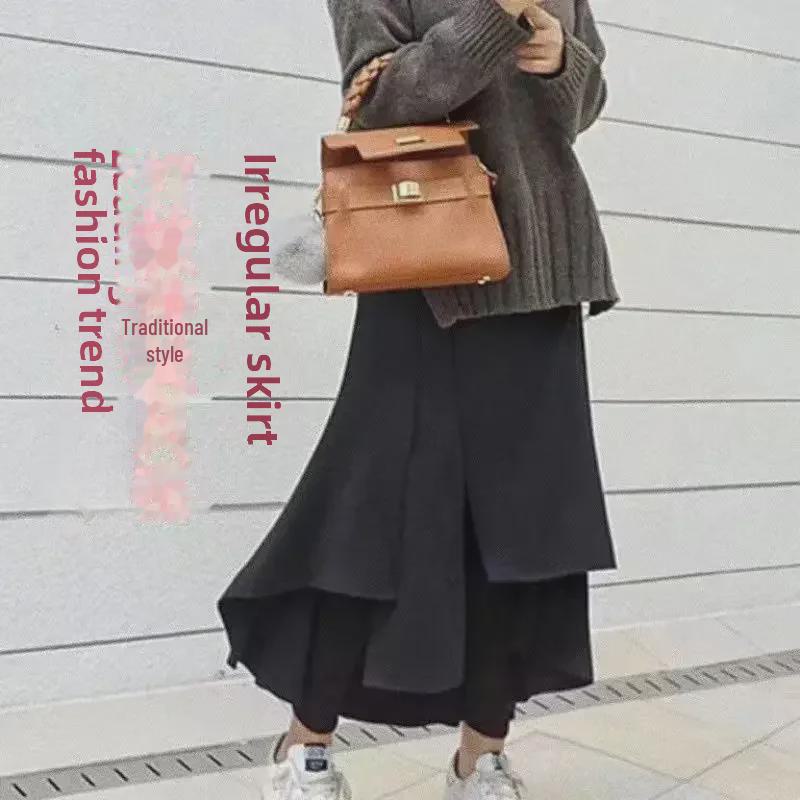 Unregelmäßige mehrlagige Rockhose für Damen Herbst/Winter 2023 – Nischendesign, große Größe, falscher zweiteiliger Stil.