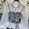 Koreanische Serie Tragen Alter-Reduzierung Set Retro Denim Cami Gestapelt Alle-Matching Puff Sleeve Shirts Zwei-stück Set Top