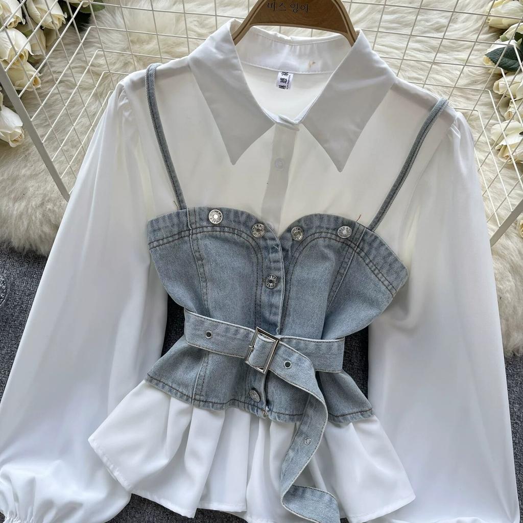 Koreanische Serie Tragen Alter-Reduzierung Set Retro Denim Cami Gestapelt Alle-Matching Puff Sleeve Shirts Zwei-stück Set Top