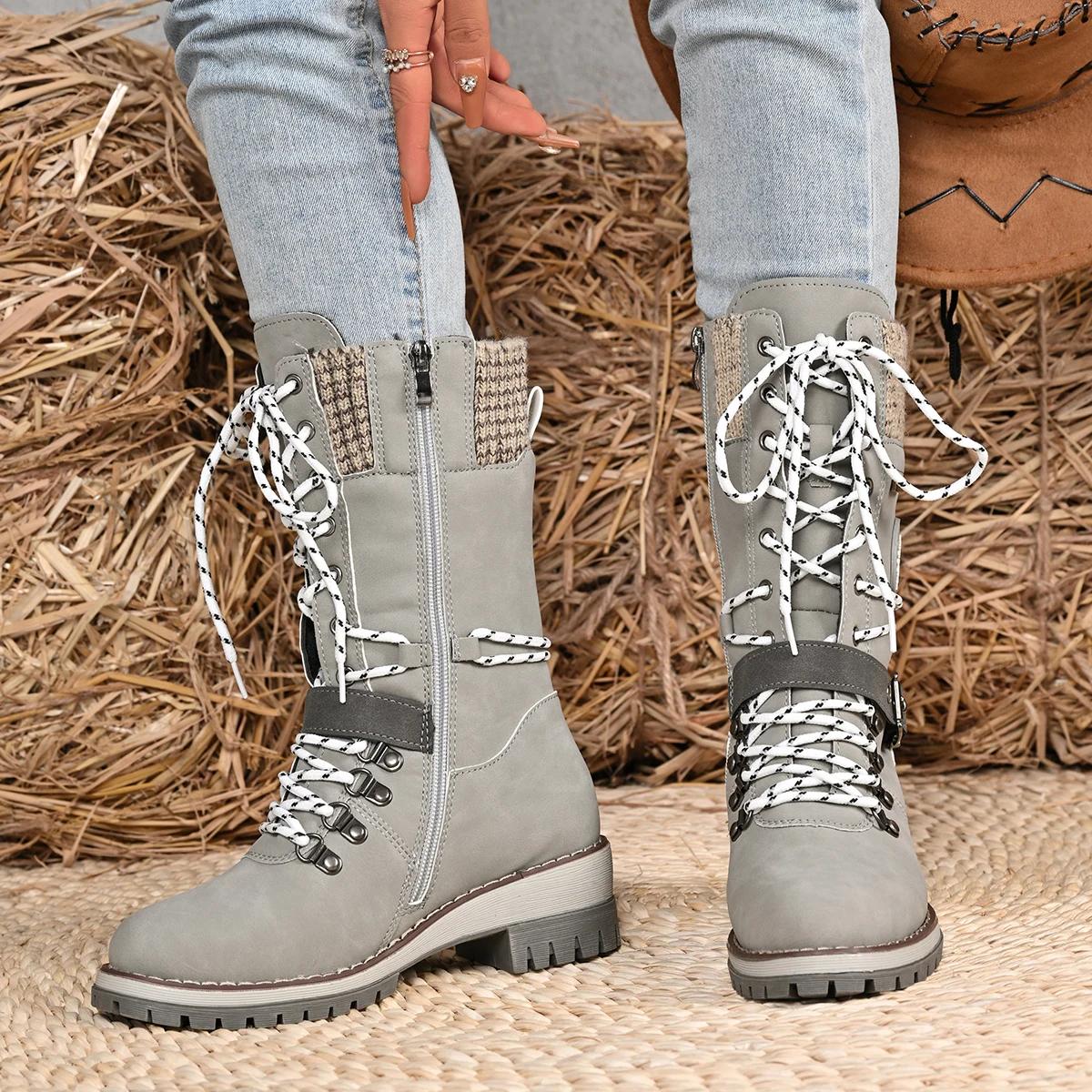 Outdoor Shoes for Women  New Side Zip Women Mid-Calf Boots Square Heel Casual Women Shoes Comfortable Med Heel Ladies Boots 36