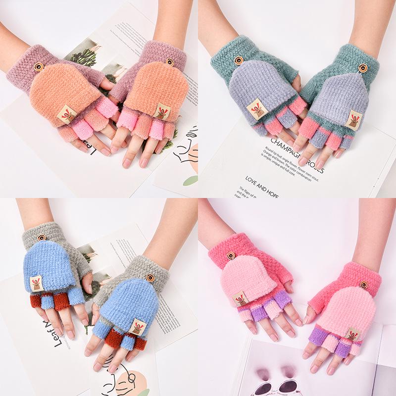 Kids' Cartoon Knitted Flip-Top Fingerless Winter Gloves - Unisex, Warm, Velvet-Lined, Thickened