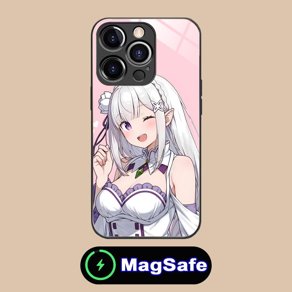 ReZero Emilia Waifu Mobile Phone Case for iPhone 17 16 15 14 13 12 11 Air Pro Max Plus Mini MagSafe Glass Colorful Cover Luxury