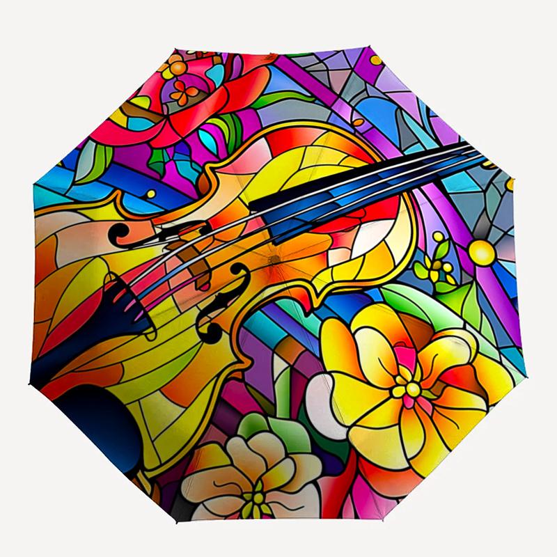 

Stained Violin & Flowers Auto Open Close Umbrella, Portable Folding Design, 8-Bone Iron Frame Outdoor Umbrella, Festival Gift for Fans, Trav