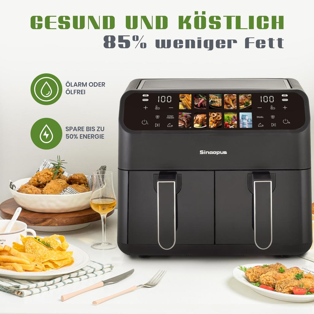 9L Air Fryer with Double Chamber, Fryer with LED Display, Adjustable Time and Temperature 80-200℃