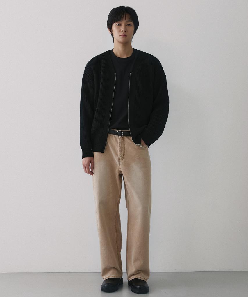 NODU Essential V-Neck Knit Zip-Up Cardigan [Black]