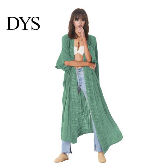 Swimsuit Cover-up Lady Beach Cardigan Sunscreen Anti-UV Long Sleeves Lace Bohemian Style Bikini Casual Daily Coat Thin Calf Length Vacation