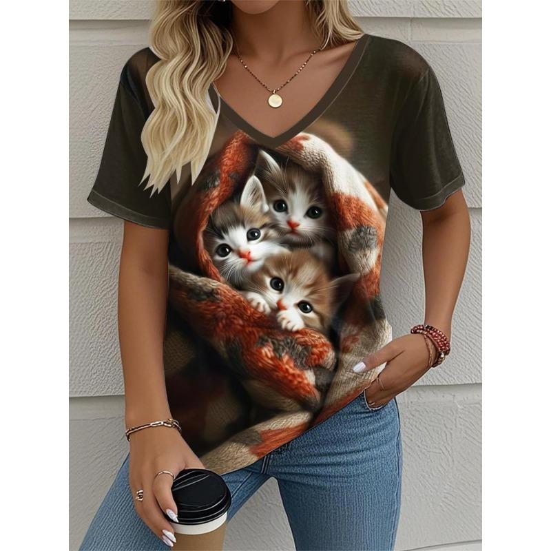 2025 New Cat Women's V-Neck T-Shirt Summer Outdoor Fashion Short Sleeve Tops Animal Printed Patterns OverSize Women's Clothing