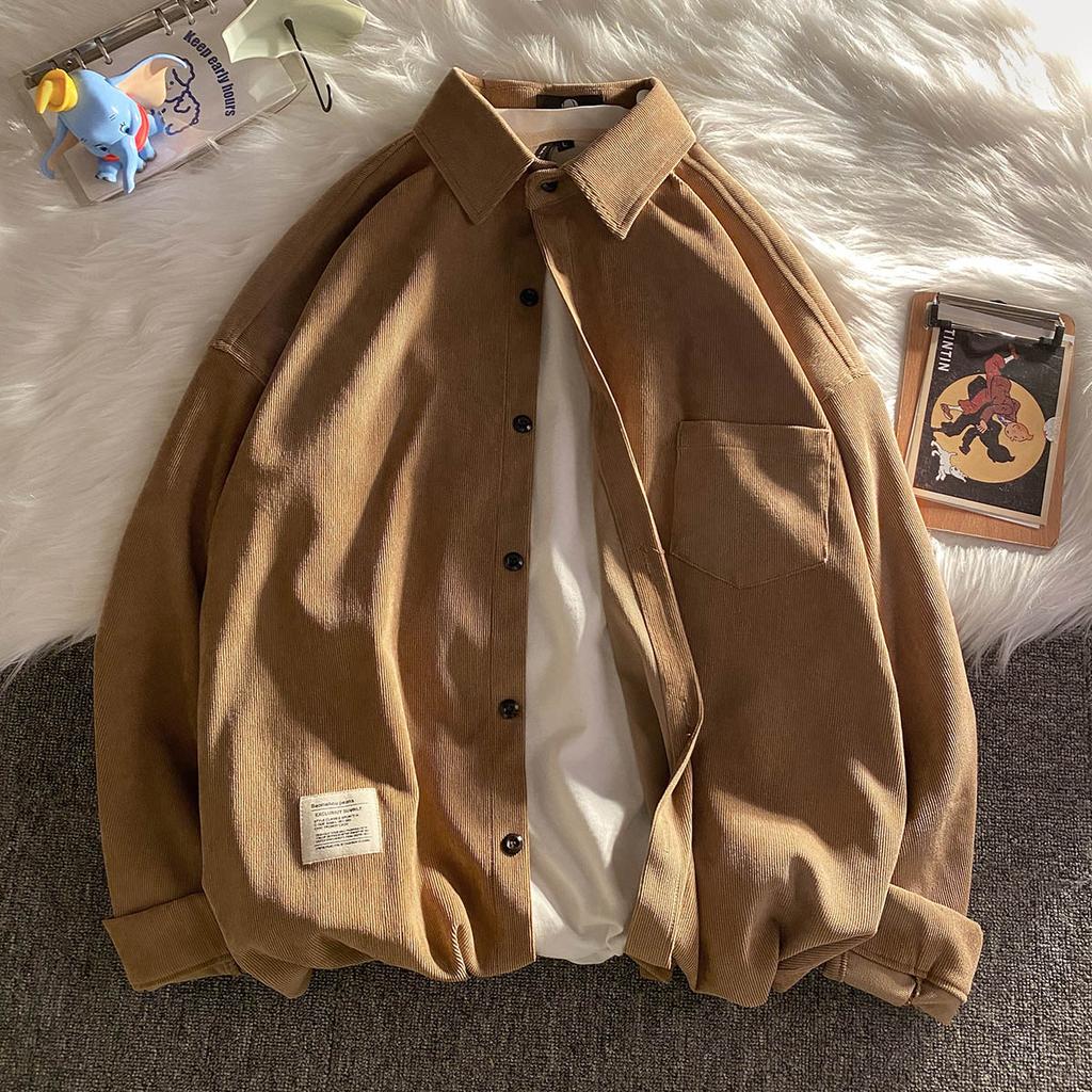 Spring Autumn Corduroy Long Sleeve Men's Shirts Streetwear Solid Color Oversize Harajuku Man Shirt