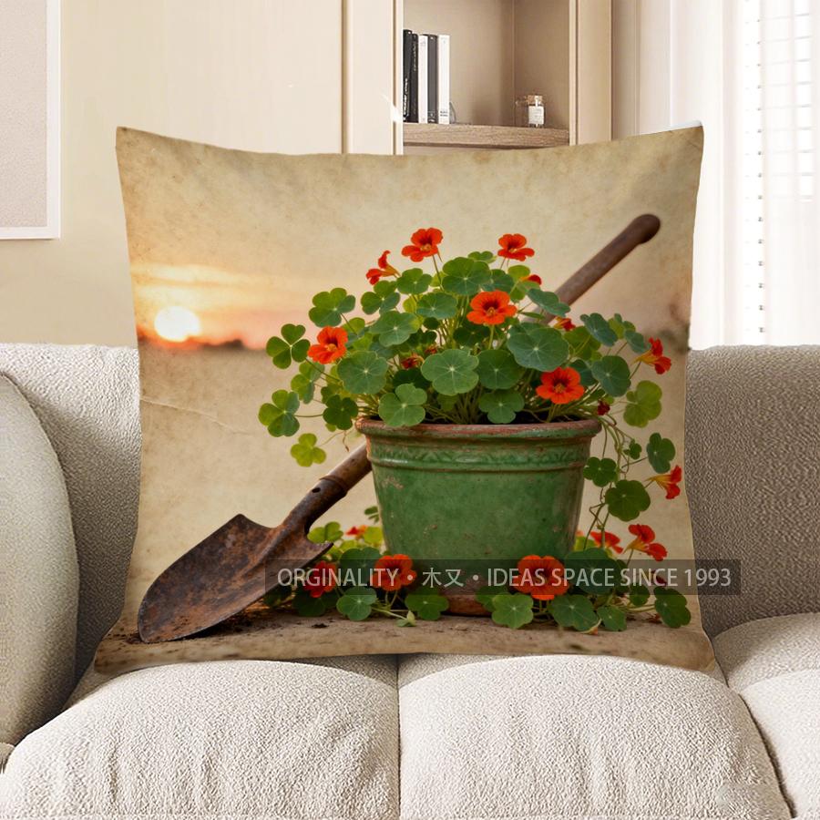 

2D Floral Pot & Shovel Decorative Pillow Cover Pattern Cushion Cover Suitable For Sofa Bedroom Car Pillow Cover 40x40cm