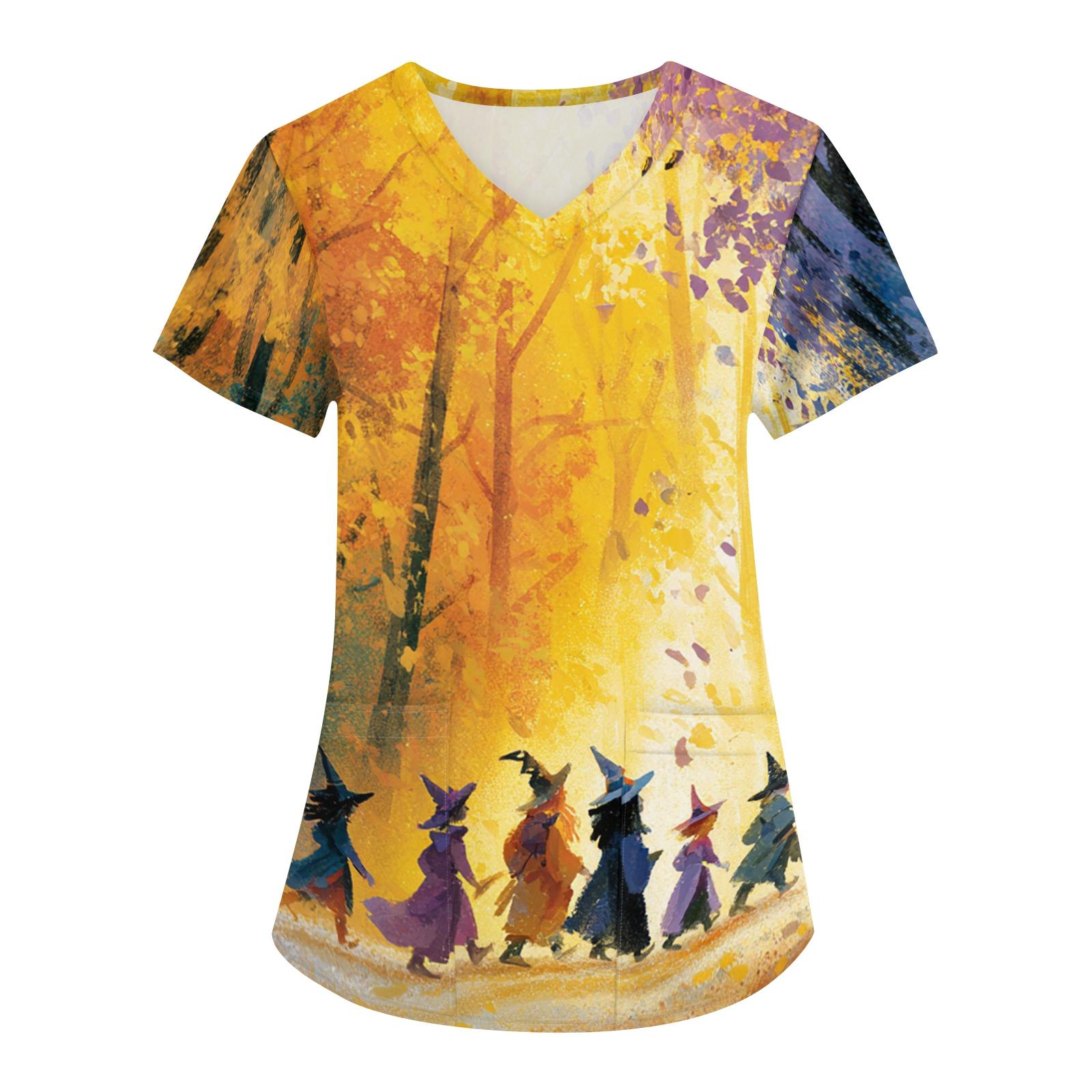 Women s Halloween Printed V-Neck Short Sleeve Scrub Top with Pockets S