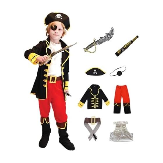 [HASAKI] Pirate Cosplay 8-piece Set, Children s Halloween Costume (90-140cm), Pirate Costume, Includes Sword, Eyepatch, Pirate Hat, Telescope,