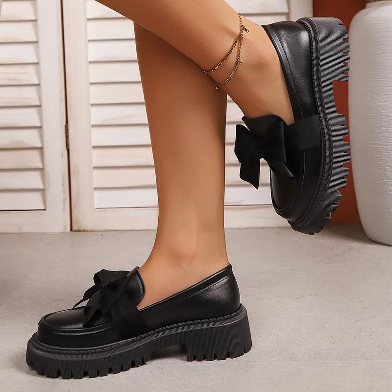 Fashion Bowknot Platform Loafers Women 2025 British Style Thick Bottom Pu Leather Shoes Woman Comfortable Slip On Flats Plus Size 35-42