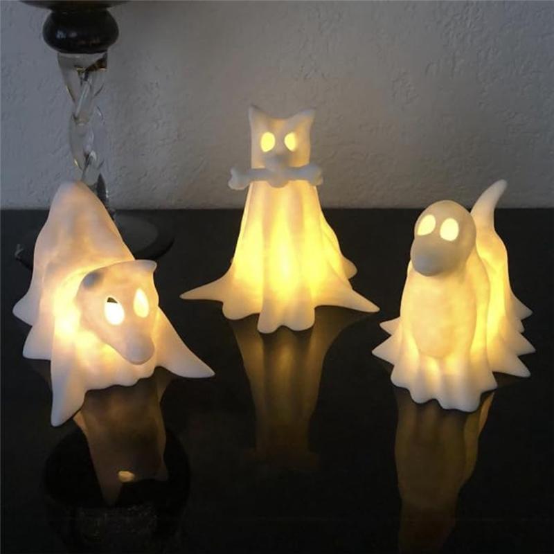 A27F-Indoor Halloween Decorations, Light Up Ghost Kit Featuring 3 LED Lit Ghost Dog Set-Ghost Pet Night Lights