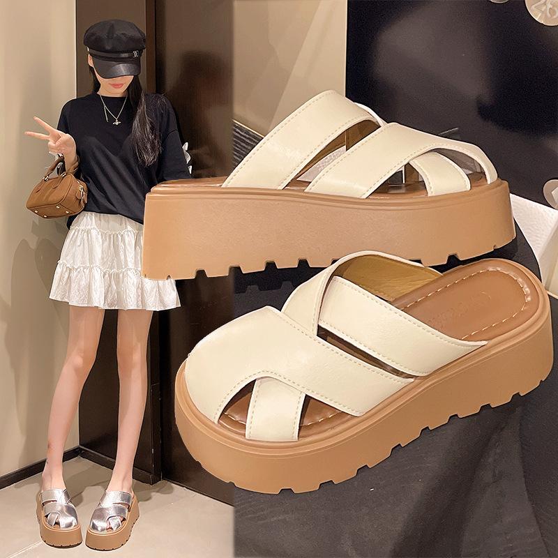 Baotou Half Slippers Women's Summer Outer Wear Fashion 2025 New Popular Versatile Thick-bottomed Muffin Heightening Casual Sandals