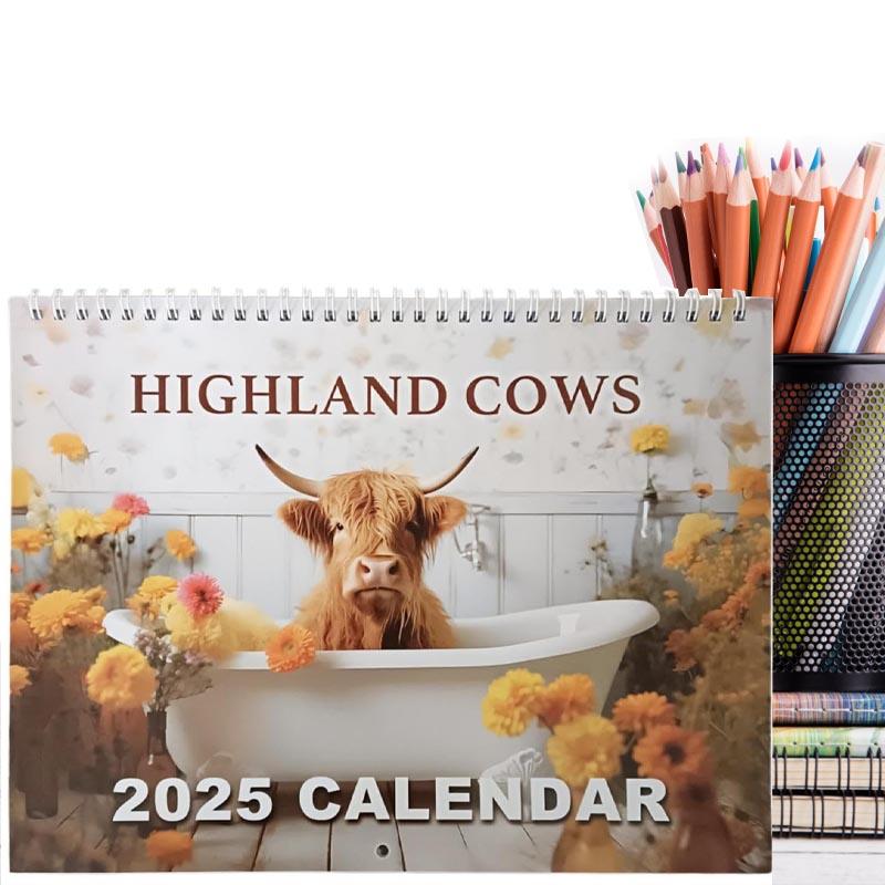 Highland Cows in Bathtubs 2025 Calendar, 2025 Animals Theme Hangable Calendar, Scottish Highland Cows Farm Calendar, Monthly Wall Calendar for Home