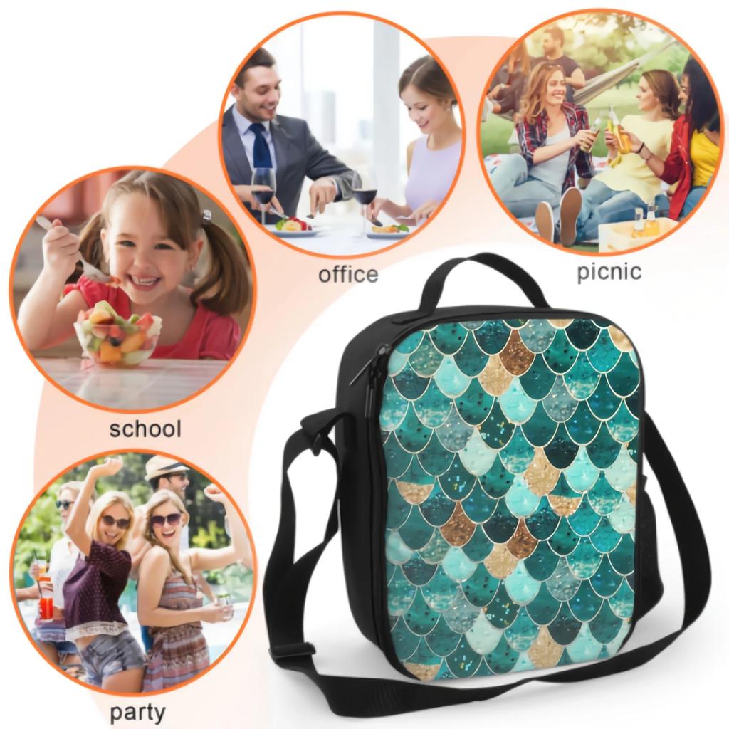 Türkisgoldene Meerjungfrau Isolierte Lunchbox Auslaufsichere Tragbare Lunchtaschen mit Verstellbarem Schultergurt Wiederverwendbare Kühltasche