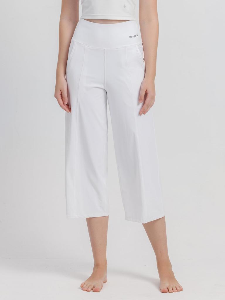 Loopa Wide Crop Gaucho Size M Pants, Yoga/Running Pants, Cropped, 3/4 Length, Flattering, White,