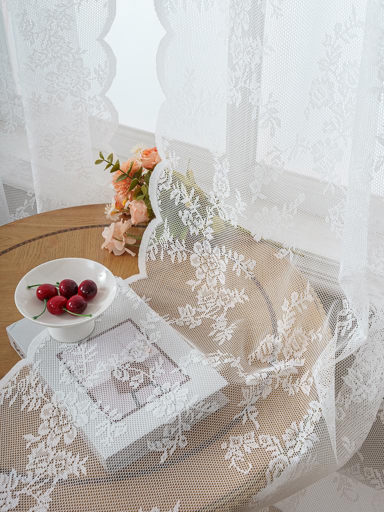 1PC White Romantic Lace Curtain Sheer for Living Room Bedroom Bay Window Rose Floral Design Country Style Window Treatment