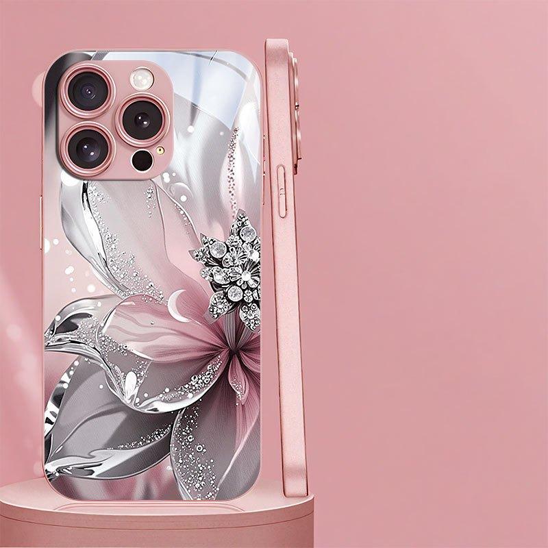 Silver Textured Flowers Pattern Pink Metallic Glass Phone Case For iPhone 11 12 13 14 15 16 17 Pro Max 15 Plus 17 Air 16E Cover