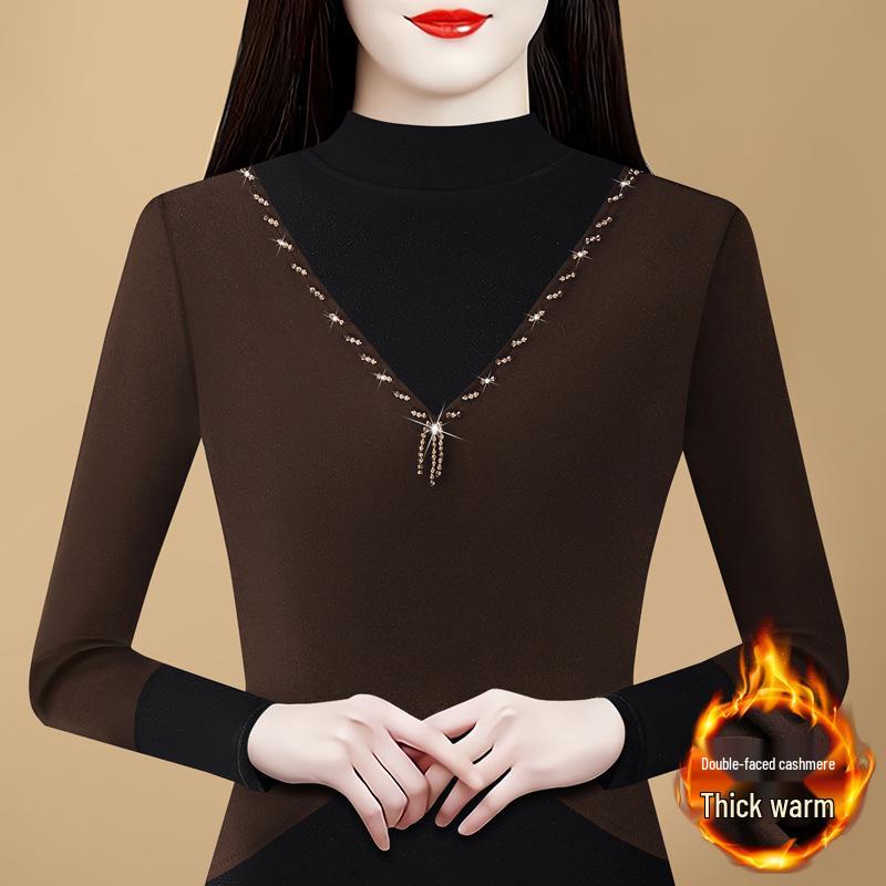 2024 Winter Korean Style Slim Fit Color Block Thick Double-Sided Cashmere Turtleneck Base Layer