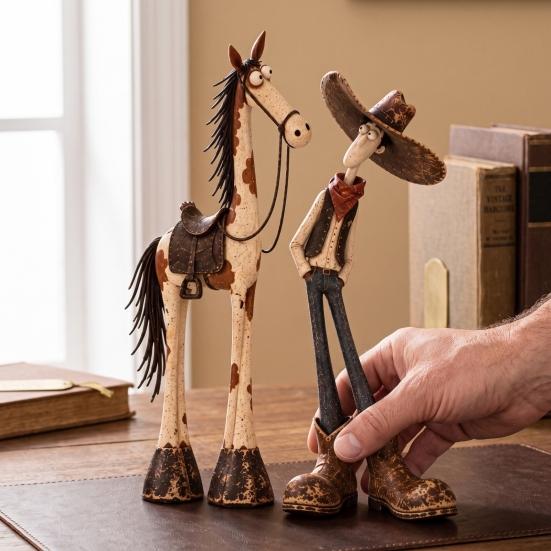 Handcrafted Horse Sculpture 1/2Pcs West Cowboy Figurine, Cartoon Resin Statue, Figurine Shaped Desktop Decoration for Home Office Western Statue